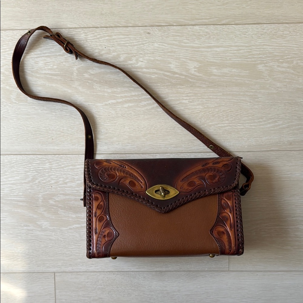 Handcrafted Brown Tooled Leather Crossbody Bag - Classic Western Style